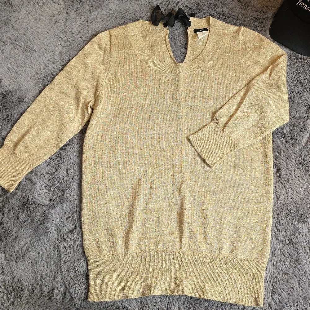 J Crew Gold Metallic Shimer Alpaca Blend Lightweight sweater top Tie Back sz Med
